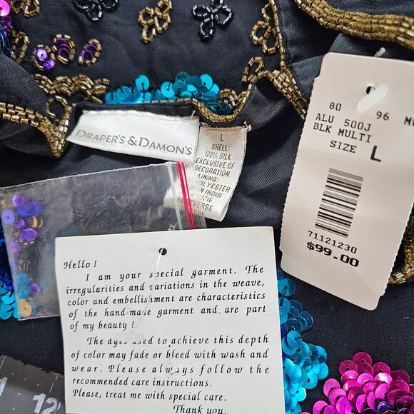 Vintage Silk Blazer Womens Sz Large Black Beaded 90s Floral Glam Elegant Evening - Picture 9 of 9